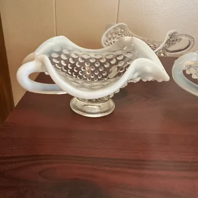 Three-Piece White Opalescent Hobnail Glass Handled Bowl Set