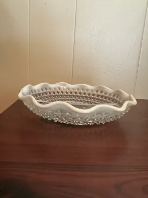 White Opalescent Hobnail Glass Divided Dish & Handled Bowl – 2 Pieces