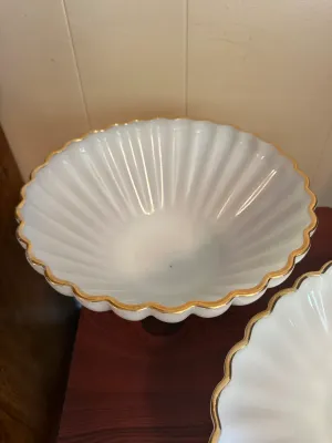 White Milk Glass Footed Serving Bowls with Gold Trim – 2 Pieces