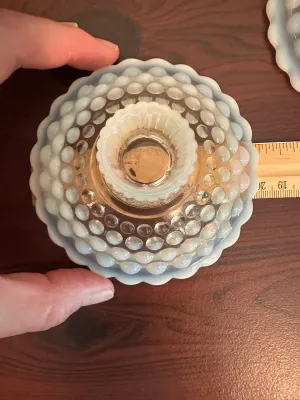 Pair of White Opalescent Hobnail Glass Candleholders