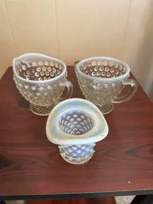 Vintage Fenton French Opalescent Hobnail Sugar Creamer Set and Top Hat Figurine Lot