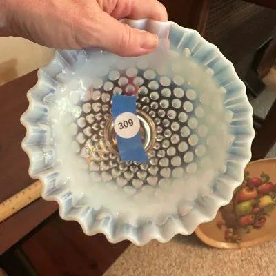 White Opalescent Hobnail Glass Pedestal Bowl with Ruffled Rim