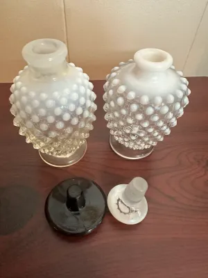 White Opalescent Hobnail Glass Perfume Bottles with Stoppers – Pair