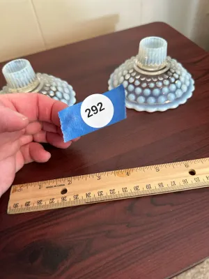 Pair of White Opalescent Hobnail Glass Candleholders
