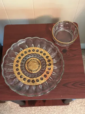Gold-Decorated Glass Serving Plate & Small Bowl – 2 Pieces
