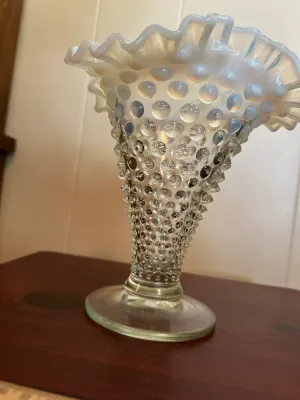 White Opalescent Hobnail Glass Trumpet Vase with Ruffled Rim
