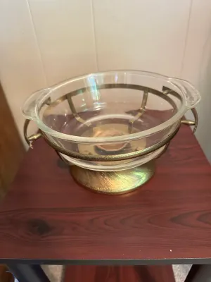 Anchor Hocking Fire-King 2-Quart Casserole with Gold-Tone Warming Stand & Lid