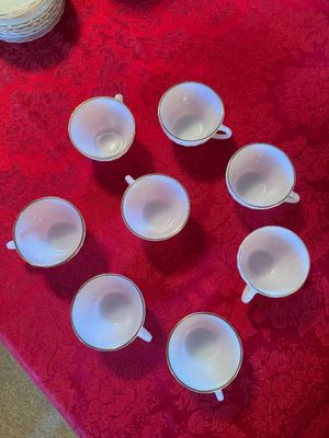 Set of 8 Fire-King Milk Glass Mugs & Saucers with Cream & Sugar