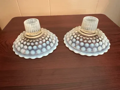 Pair of White Opalescent Hobnail Glass Candleholders