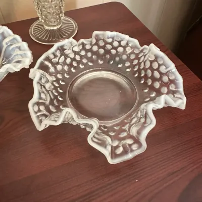 White Opalescent Glass Vase & Ruffled Bowls – 3-Piece Lot