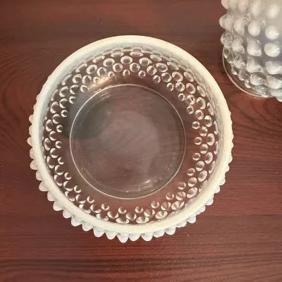 White Opalescent Hobnail Glass Pitcher & Jar with Wooden Lid
