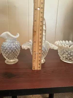 White Opalescent Hobnail Glass Basket, Vase & Bowl – 3 Pieces