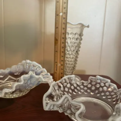 White Opalescent Glass Vase & Ruffled Bowls – 3-Piece Lot
