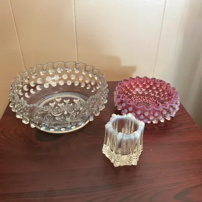 White Opalescent & Pink Hobnail Glass Bowls and Toothpick Holder – 3-Piece Lot