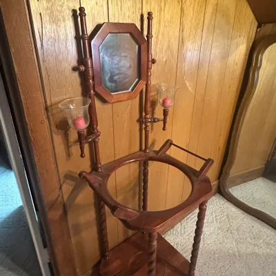 Vintage Victorian-Style Wood Washstand w/ Mirror, Candle Holders, Pitcher & Basin (A1)