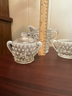 White Opalescent Hobnail Glass Cream and Sugar Serving Set – 4 Pieces