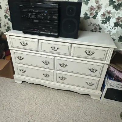 Vintage 7-Drawer Low Dresser White Aqua Trim Ornate Bail Pulls Cottage Furniture (A2)