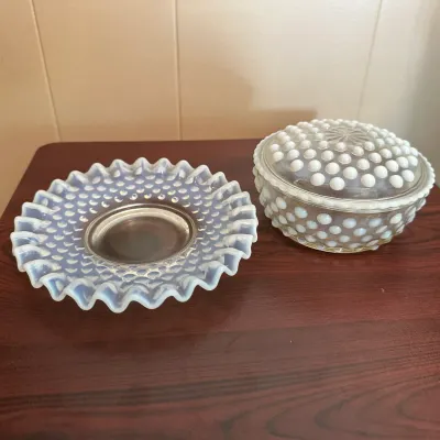 White Opalescent Hobnail Glass Covered Dish & Ruffled Bowl – 2-Piece Lot