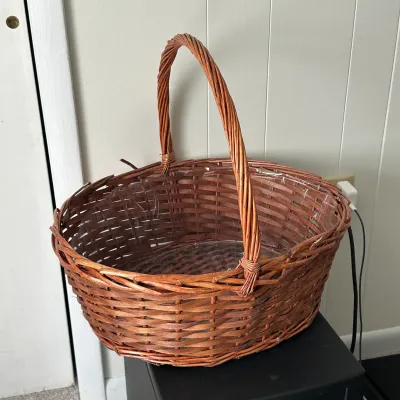 Large Vintage Oval Woven Wicker Basket with Handle and Clear Plastic Liner