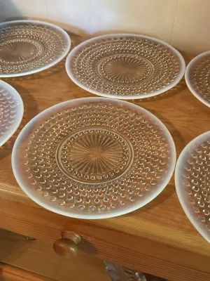 White Opalescent Hobnail Glass Plates – Set of 6