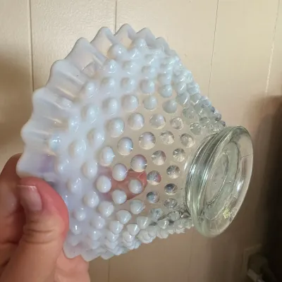 White Opalescent Hobnail Glass Pedestal Bowl with Ruffled Rim