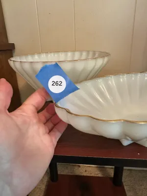 White Milk Glass Footed Serving Bowls with Gold Trim – 2 Pieces