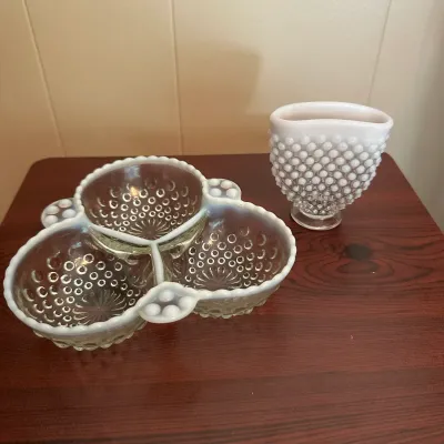 White Opalescent Hobnail Glass Divided Serving Dish & Vase – 2-Piece Lot