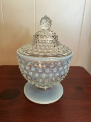 Vintage Fenton French Opalescent Hobnail Footed Covered Candy Jar Urn with Lid