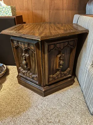 Vintage Octagonal Wood Cabinet End Table with Storage #1 (A Den)