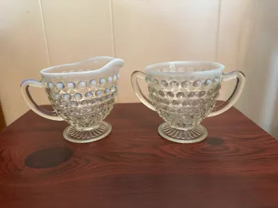 Vintage Fenton French Opalescent Hobnail Sugar Creamer Set and Top Hat Figurine Lot
