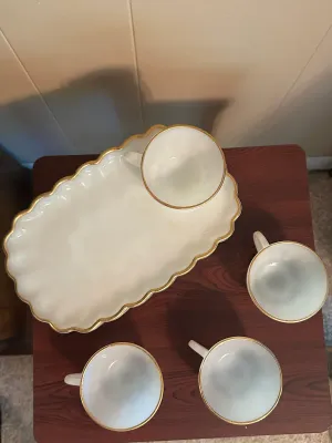 White Milk Glass Snack Sets with Gold Trim – 4 Plates & 4 Cups