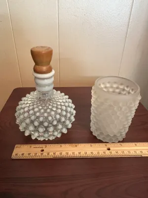 White Opalescent Hobnail Glass Bottle & Frosted Vase – 2-Piece Lot