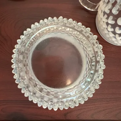 White Opalescent Hobnail Glass Pitcher & Jar with Wooden Lid