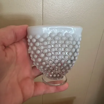White Opalescent Hobnail Glass Divided Serving Dish & Vase – 2-Piece Lot