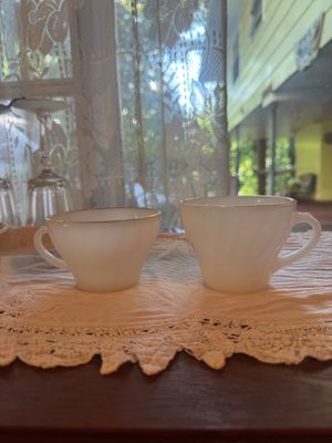 Set of 8 Fire-King Milk Glass Mugs & Saucers with Cream & Sugar