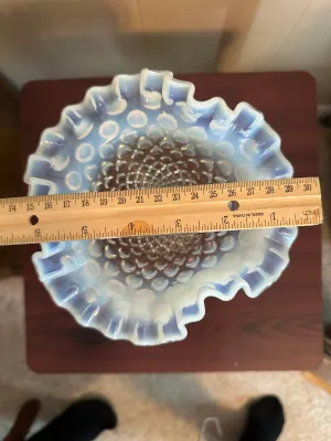 White Opalescent Hobnail Glass Trumpet Vase with Ruffled Rim