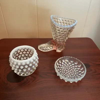 White Opalescent Hobnail Glass Miniatures – 3-Piece Lot