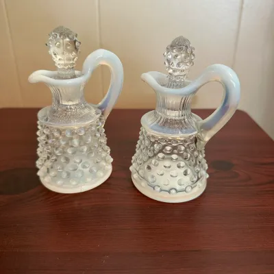 Pair of White Opalescent Hobnail Glass Cruets with Stoppers