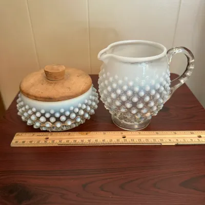 White Opalescent Hobnail Glass Pitcher & Jar with Wooden Lid