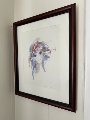 Signed Watercolor-Style Portrait of a Woman – Framed Artwork