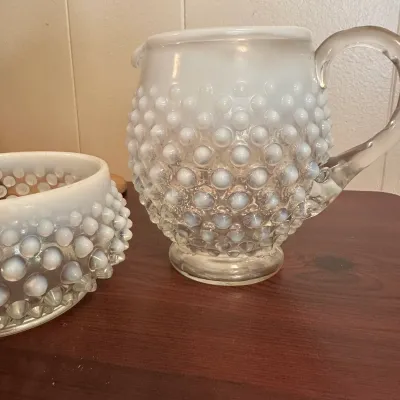 White Opalescent Hobnail Glass Pitcher & Jar with Wooden Lid