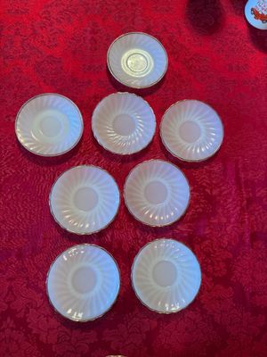 Set of 8 Fire-King Milk Glass Mugs & Saucers with Cream & Sugar