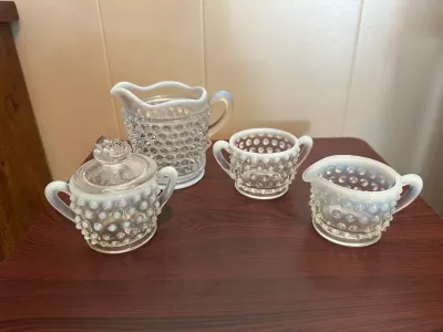 White Opalescent Hobnail Glass Cream and Sugar Serving Set – 4 Pieces