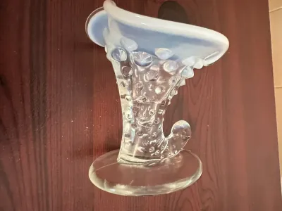 3 White Opalescent Hobnail Glass Cornucopia Vases