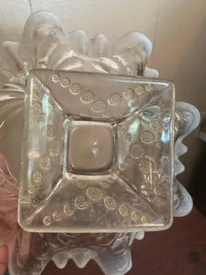 White Opalescent Glass Pedestal Bowl with Ruffled Rim