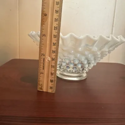 White Opalescent Hobnail Glass Pedestal Bowl with Ruffled Rim