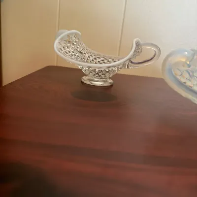 Three-Piece White Opalescent Hobnail Glass Handled Bowl Set