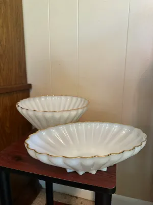 White Milk Glass Footed Serving Bowls with Gold Trim – 2 Pieces