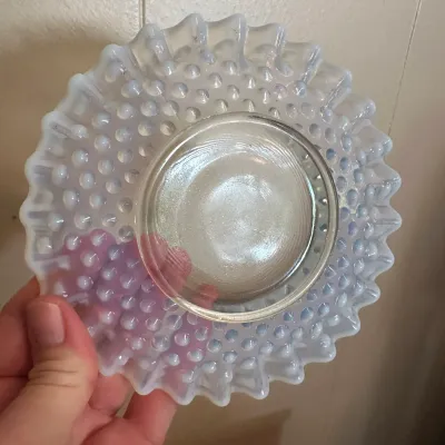 White Opalescent Hobnail Glass Covered Dish & Ruffled Bowl – 2-Piece Lot