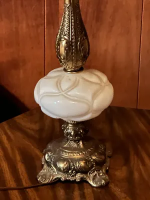 Ornate Gold-Tone & White Table Lamp with Beaded Fringe Shade (A Den)